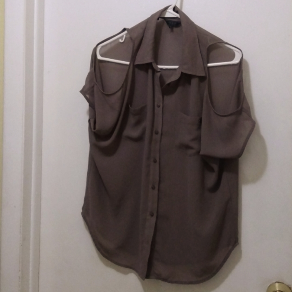 Guess keyhole blouse S taupe color transparent fabric
